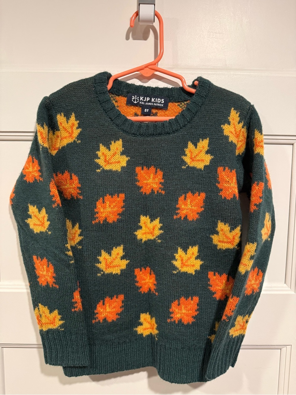 Kiel James Patrick Green Kids Sweater with Orange & Yellow Leaf Pattern